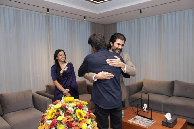 Rashmika Mandanna- CM Vijay twin in royal blue;  Vijay Deverakonda hugs Tamil Nadu CM during Chennai coffee meet-up