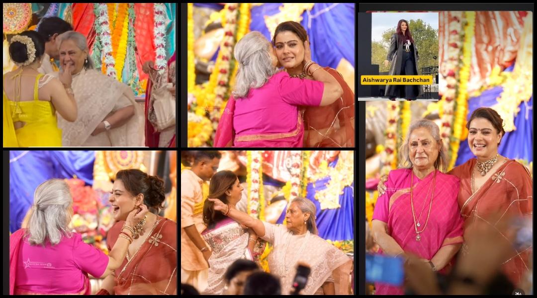 Jaya Bachchan fixes daughter Shweta's hair, applies kala tika to Kajol; fans ask why Aishwarya is never seen at pandal