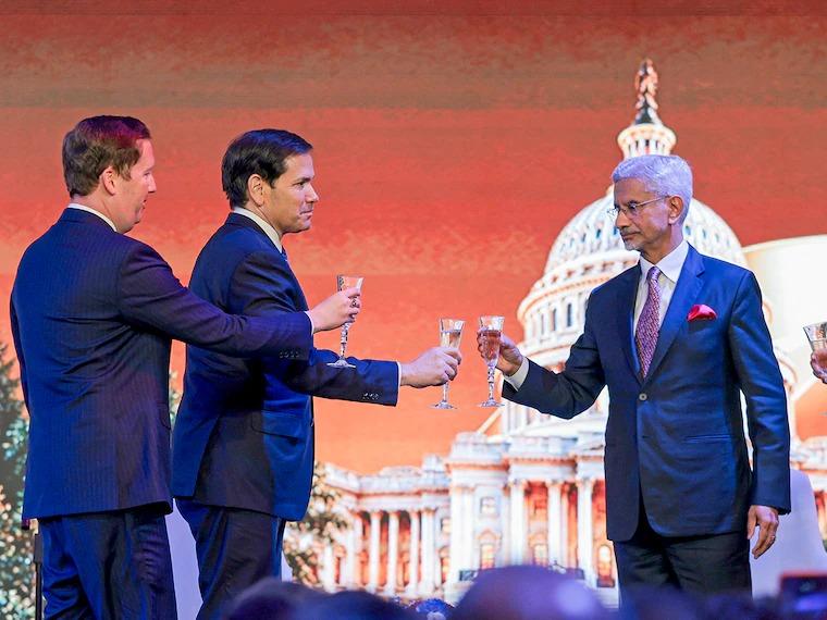 US Secretary of State Marco Rubio (centre) and US Ambassador to India Sergio Gor (left) raise a toast with India's Foreign Minister Subrahmanyam Jaishankar during the Freedom 250 reception at the Jio World Convention Centre in Mumbai on October 20, 2026.