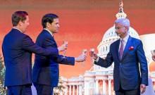 US Secretary of State Marco Rubio (centre) and US Ambassador to India Sergio Gor (left) raise a toast with India's Foreign Minister Subrahmanyam Jaishankar during the Freedom 250 reception at the Jio World Convention Centre in Mumbai on October 20, 2026.