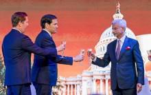 US Secretary of State Marco Rubio (centre) and US Ambassador to India Sergio Gor (left) raise a toast with India's Foreign Minister Subrahmanyam Jaishankar during the Freedom 250 reception at the Jio World Convention Centre in Mumbai on October 20, 2026.