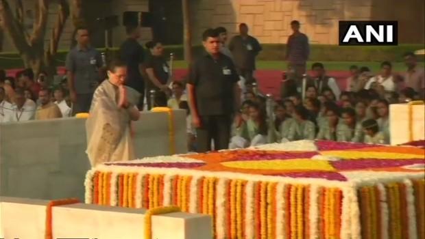 United Progressive Alliance (UPA) chairperson Sonia Gandhi pays tribute to Mahatma Gandhi