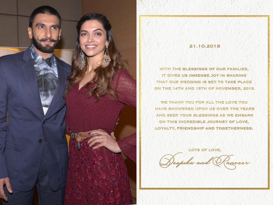 Deepika Padukone and Ranveer Singh announce their wedding dates Deepika Padukone and Ranveer Singh,Deepika Padukone and Ranveer Singh wedding,Deepika Padukone wedding,Deepika Padukone wedding card,Deepika Padukone wedding pics,Deepika Padukone wedding images,Ranveer Singh wedding,Ranveer Singh wedding card