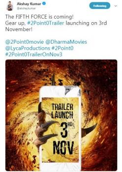 Akshay Kumar reveals release date of Rajinikanth's 2.0 trailer