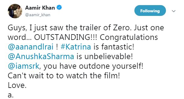 Zero trailer: Aamir Khan praises Shah Rukh Khan, shares hug with the 'thug' Aamir Khan,Zero trailer,zero trailer review,Aamir Khan watches Zero trailer,Aamir Khan and Shah Rukh Khan,Shah Rukh Khan,Shah Rukh Khan zero trailer