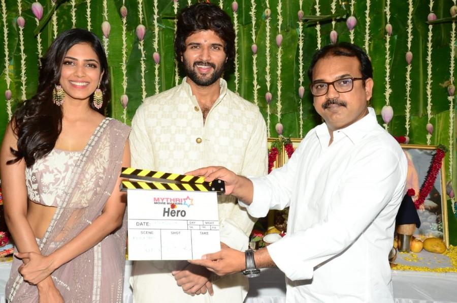 Koratala Siva launches Vijay Deverakonda's next movie Hero Hero Telugu movie launch photos,Vijay Devarakonda Hero launch pictures,Diganth Machale,Malavika Mohanan,Koratala Siva launched Hero movie,Hero movie opening ceremony stills,Mythri Movie Makers,Director Anand Annamalai
