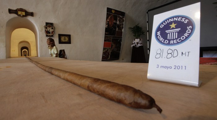 The world's longest cigar that stretched 268 feet 4 inches (81.8 metres), or most of the length of a football field, is seen in Havana Weird World Records,World Records,Guinness record,Guinness record 2014,Guinness record 2015,world records list,world records 2013,world records human body,amazing world records,world records dance,easy world records to break