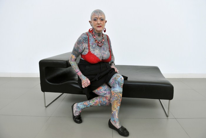 Septuagenarian Isobel Varley poses during 'II Expotatoo' tattoo fair in Gijon, northern Spain Weird World Records,World Records,Guinness record,Guinness record 2014,Guinness record 2015,world records list,world records 2013,world records human body,amazing world records,world records dance,easy world records to break