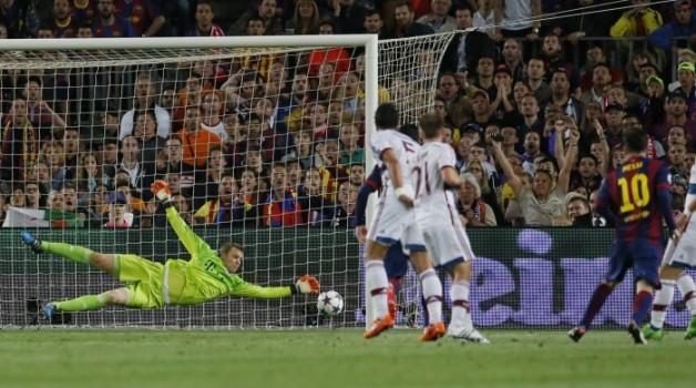 Barcelona's Lionel Messi scores their first goal past Bayern Munich's Manuel Neuer