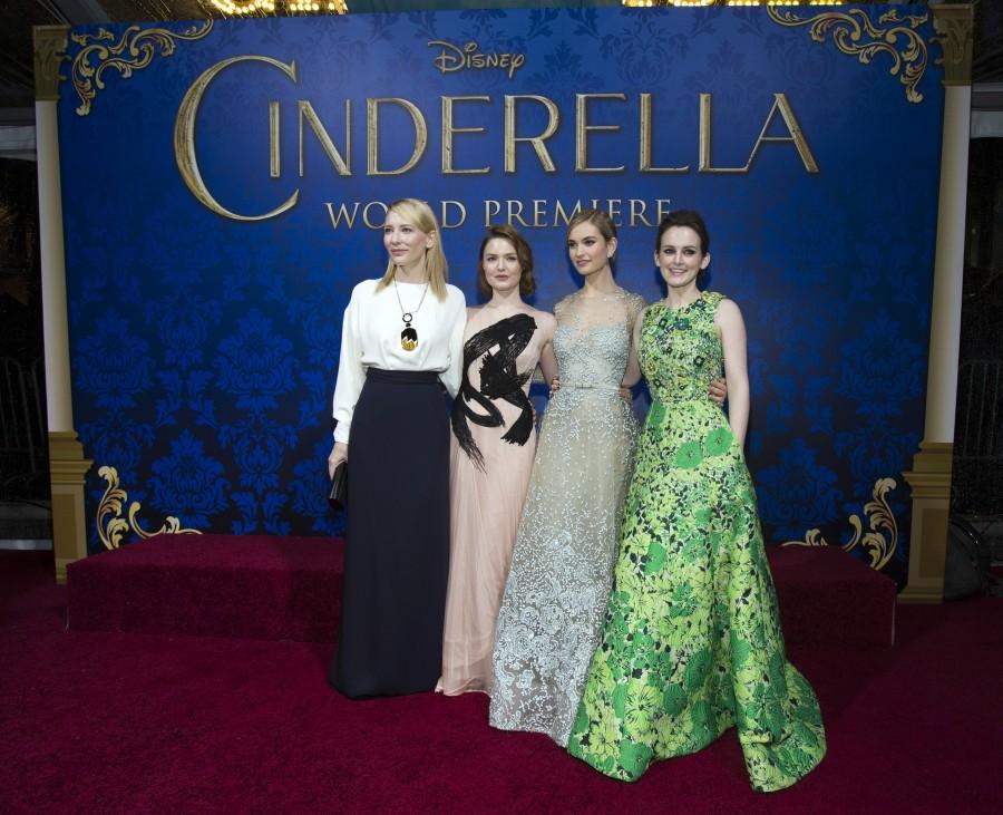 Cast members Cate Blanchett (L-R), Holliday Grainger, Lily James and Sophie McShera pose at the premiere of 'Cinderella' (REUTERS) Cinderella,Lily James,Richard Madden,Holliday Grainger,El Capitan,star cast,premiere show,photos