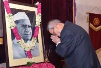 President Pranab Mukherjee pays homage to former president of India Fakhruddin Ali Ahmed on his birth anniversary at Rashtrapati Bhavan, in New Delhi on May 13, 2015.