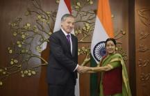 External Affairs Minister Sushma Swaraj met the Minister of Foreign Affairs of Republic of Tajikistan, H.E. Aslov Sirojidin Muhridinovich in New Delhi on 13 May 2015.