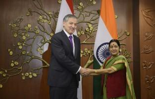 Sushma Swaraj,Sushma Swaraj meetings,Sushma Swaraj meets Tajikistan minister,H.E. Aslov Sirojidin Muhridinovich