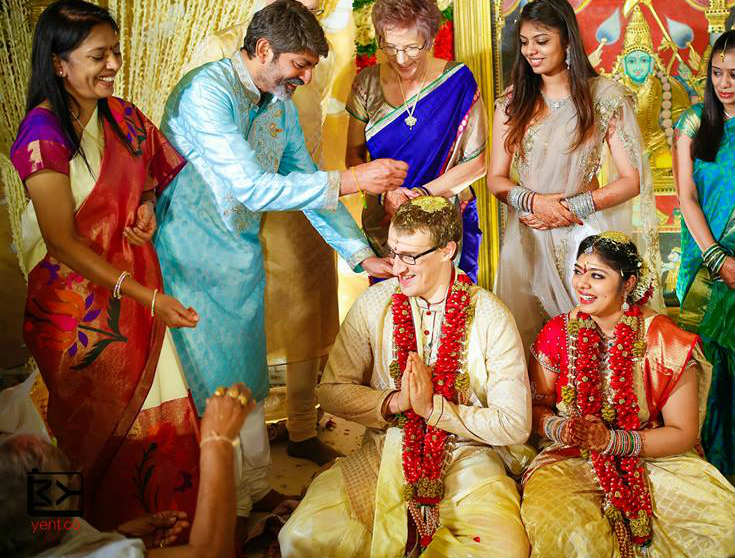 Jagapathi Babu is seen blessing daughter Meghana and Chad Bowen at their wedding Jagapathi Babu's daughter wedding photos,Jagapathi Babu's daughter marriage photos,Meghana Chad Bowen wedding photos,Venkatesh,Arjun Sarja,Ramya Krishna,Murali Mohan,Jagapathi Babu