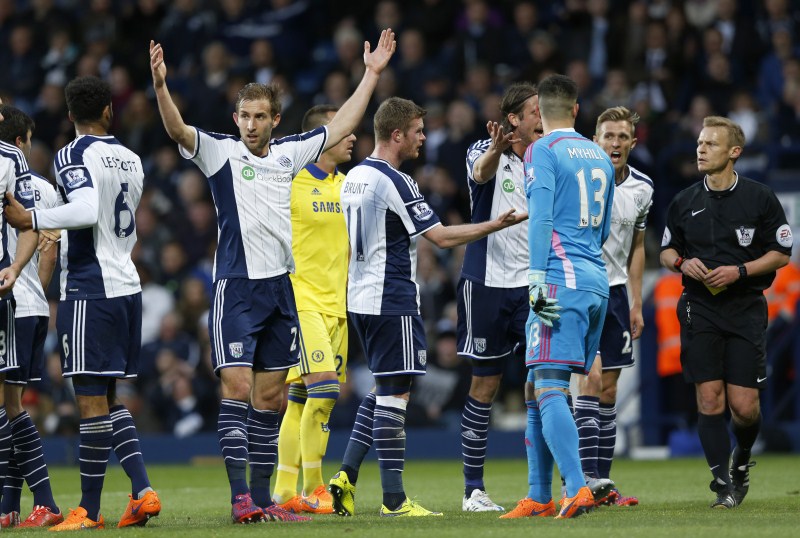 West Brom players appeal to the referee before he sends off Chelsea's Cesc Fabregas English Premier League 2015,English Premier League,football match,football,Premier League,Premier League 2015,Soccer,premier league 2015 teams,football Champions,English Premier League pics,English Premier League images,English Premier League photos,Engli