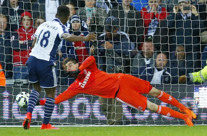 Saido Berahino scores the second goal for West Brom from the penalty spot as Chelsea's Thibaut Courtois attempts to save English Premier League 2015,English Premier League,football match,football,Premier League,Premier League 2015,Soccer,premier league 2015 teams,football Champions,English Premier League pics,English Premier League images,English Premier League photos,Engli