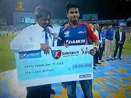Emerging Player of the Season - Shreyas Iyer Mumbai Indians: IPL 2015 Champions,Mumbai Indians IPL 2015 Champions,Mumbai Indians Champions,Mumbai Indians IPL Champions,Mumbai Indians Champion,ipl final,ipl 2015,Mumbai Indians beats chennai,chennai super kings,sachin tendulkar,rohith sharma,mumbai in