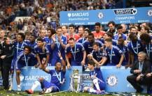 Chelsea celebrate with the trophy after winning the Barclays Premier League