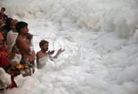 Devotees worship the Sun god Surya in the polluted waters of the river Yamuna.