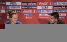 Canada goalkeeper Erin McLeod (left) and head coach John Herdman answer questions during a press conference