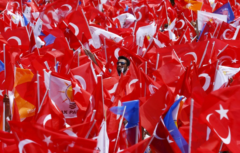 Supporters of the ruling AK Party wave Turkish national and party flags Turkey Faces a New Political Reality,Turkey New Political Reality,New Political Reality,Tayyip Erdogan,AK Party,Erdogan,Supporters of Turkey's,Turkey,Prime Minister Ahmet Davutoglu,Ahmet Davutoglu