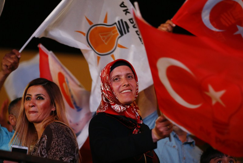 Supporters wave Turkish national and party flags outside the AK Party headquarters in Ankara, Turkey Turkey Faces a New Political Reality,Turkey New Political Reality,New Political Reality,Tayyip Erdogan,AK Party,Erdogan,Supporters of Turkey's,Turkey,Prime Minister Ahmet Davutoglu,Ahmet Davutoglu