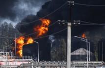 A fuel depot is seen on fire near Vasylkiv, Kiev region, Ukraine