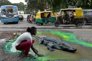 Bangalore artist makes Crocodile Swim,giant pothole,pothole,Crocodile,artist makes Crocodile Swim,Sulthanpalya,crocodile paint,pothole turns into crocodile pond