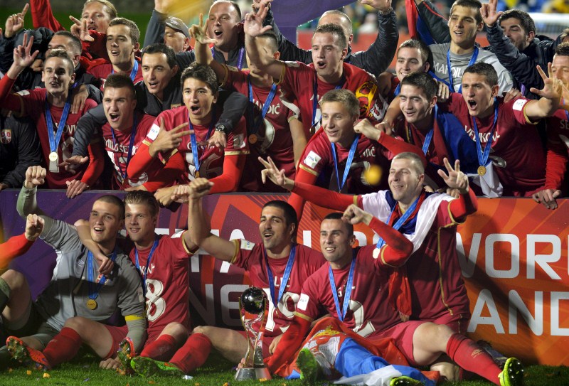 Members of the team from Serbia celebrate with the trophy after they defeated Brazil in the final of the U20 Soccer World Cup in Auckland Serbia beat Brazil,Serbia win U-20 World Cup,FIFA U-20 World Cup final,FIFA U-20 World Cup,Serbia wins U20 Soccer World Cup,Brazil,Brazil v Serbia,FIFA U-20 World Cup Final,FIFA U-20 World Cup 2015