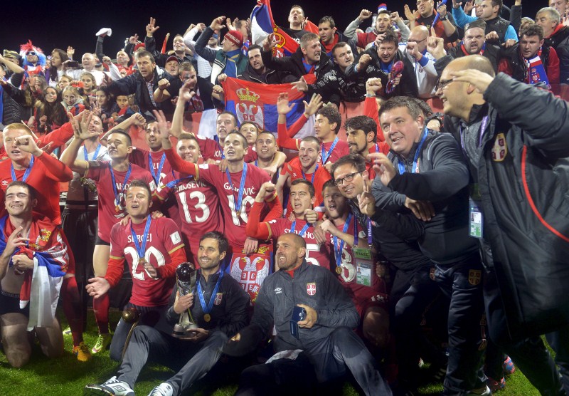 Serbia celebrate with the trophy after they defeated Brazil in the final of the U20 Soccer World Cup in Auckland Serbia beat Brazil,Serbia win U-20 World Cup,FIFA U-20 World Cup final,FIFA U-20 World Cup,Serbia wins U20 Soccer World Cup,Brazil,Brazil v Serbia,FIFA U-20 World Cup Final,FIFA U-20 World Cup 2015