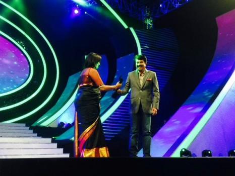 Mammooty accepts his award for Best Actor (Male|Malayalam) for Varsham
