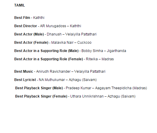 Filmfare Awards South Winners (Tamil) Filmfare Awards winners,Filmfare Awards South,Winners of 62nd Britannia Filmfare Awards South,Winners of Filmfare Awards,Filmfare Awards winners list,Filmfare Awards winners in tamil,Filmfare Awards winners in kannada,Filmfare Awards winners in telugu,Fil