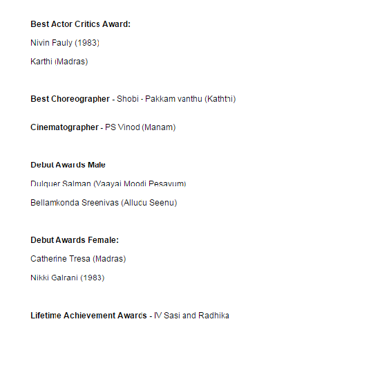 Filmfare Awards South Winners Filmfare Awards winners,Filmfare Awards South,Winners of 62nd Britannia Filmfare Awards South,Winners of Filmfare Awards,Filmfare Awards winners list,Filmfare Awards winners in tamil,Filmfare Awards winners in kannada,Filmfare Awards winners in telugu,Fil