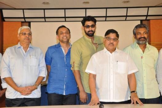 Simbu Yarlagadda, Rana Daggubati, Allu Aravind and SS Rajamouli at Baahubali Anti Piracy Press Meet