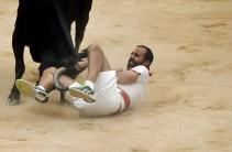 A wild cow charges at a reveller after the fifth running of the bulls of the San Fermin festival in Pamplona