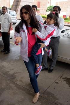 Bollywood Actress Aishwarya Rai Bachchan with Aaradhya Bachchan at Jaipur Airport.