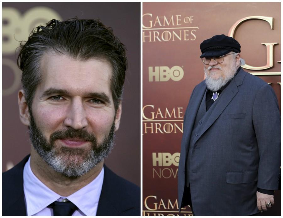 Creator and executive producer David Benioff and co-executive producer George R.R. Martin Game of thrones,Game of Thrones premiere,Game of Thrones season 5,Game of Thrones air date
