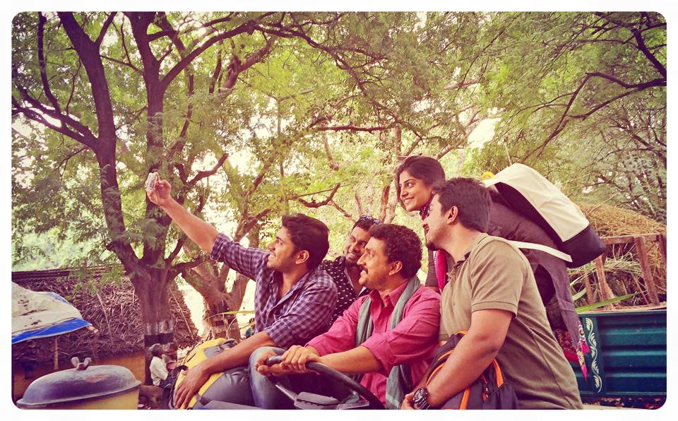 'Oru Vadakkan Selfie' team taking selfie during the shooting Oru vadakkan selfie,nivin pauly,Aju varghese,Manjima Mohan,oru vadakkan selfie photos,Selfie spree,Malayalam actors selfies