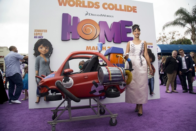 Rihanna attends the special screening of the animated film 'Home' in Los Angeles. Rihanna,jennifer lopez,Jim Parsons,Tim johnson,Home,Home animated film,special screening of home