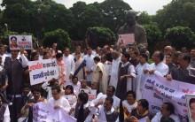 Photos of Sonia Gandhi, Rahul Gandhi lead Congress MPs' protest in Parliament.