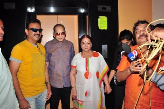 Actor Krishna watches Srimanthudu Movie at Prasad Labs, Hyderabad. Superstar Krishna, Vijaya Nirmala, Vijaya Naresh graced the event.