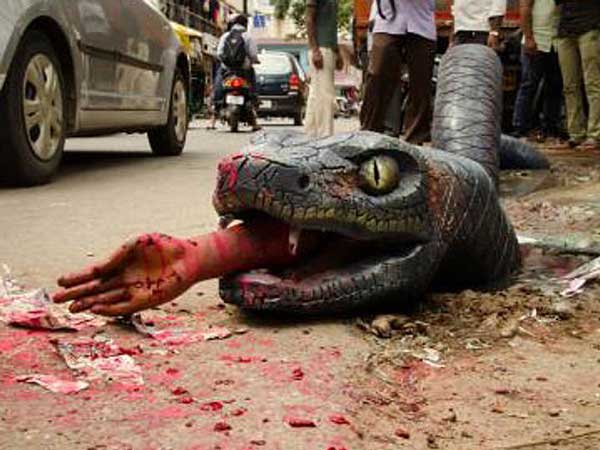 Photos of Bangalore artist creates Anaconda on Bengaluru Potholes. Anaconda on Bengaluru Potholes,Anaconda on Bengaluru streets,Anaconda,Bengaluru Potholes,Potholes,Anaconda paint,Bangalore artist creates Anaconda