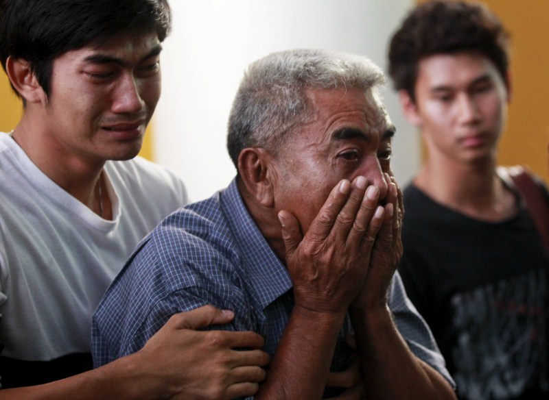 Relatives cry as they remove the body of Suwan Sudmun, a Thai victim of Monday's bomb blast, at the Institute of Forensic Medicine in Bangkok, Thailand, August 18, 2015. Thai authorities said on Tuesday they were looking for a suspect seen on closed-circuit television (CCTV) footage near the renowned shrine where a bomb blast killed 22 people, including nine foreigners from several Asian countries. Bangkok Blast,Mourning Kin of Victims,Mourning Bangkok Bomb Victims,Bangkok Bomb Victims,Mourning