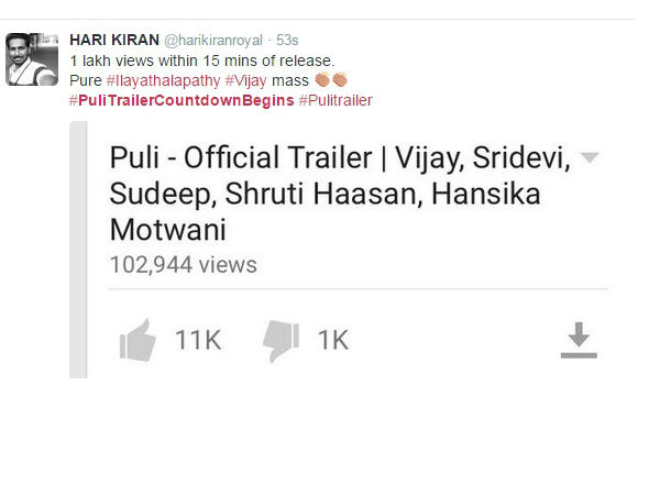Check out Vijay's Puli Trailer: Fans Tweet. Vijay's Puli Trailer,Puli Trailer,Puli movie Trailer,vijay,ilayathalapathy vijay,ilayathalapathy,sridevi,sudeep,Hansika Motwani,Vijay's Puli Trailer: Live Audience Responses,Vijay's Puli Trailer review,Puli Trailer review