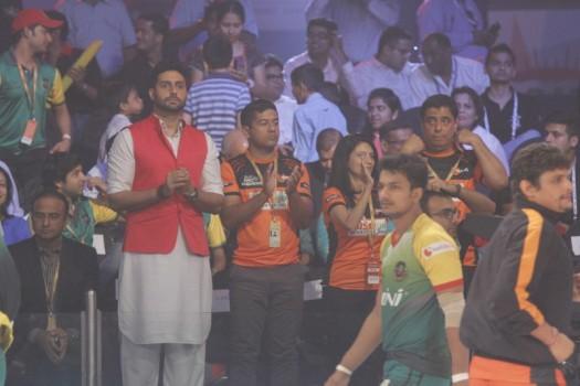 Bollywood Actor Abhishek Bachchan spotted at Pro Kabaddi League 2015 Semi Final Match.