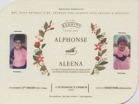 The wedding card of Alphonse Puthren and Aleena Mary Antony had the childhood photos of the couple.