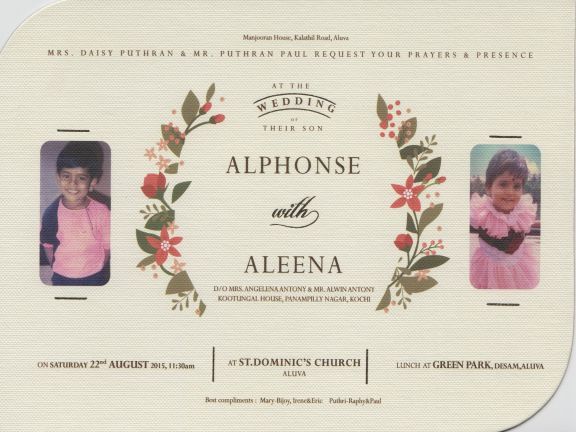The wedding card of Alphonse Puthren and Aleena Mary Antony had the childhood photos of the couple. Alphonse puthren wedding card,alphonse puthren aleena mary antony wedding card,aleena mary antony,alphonse puthren aleena mary antony