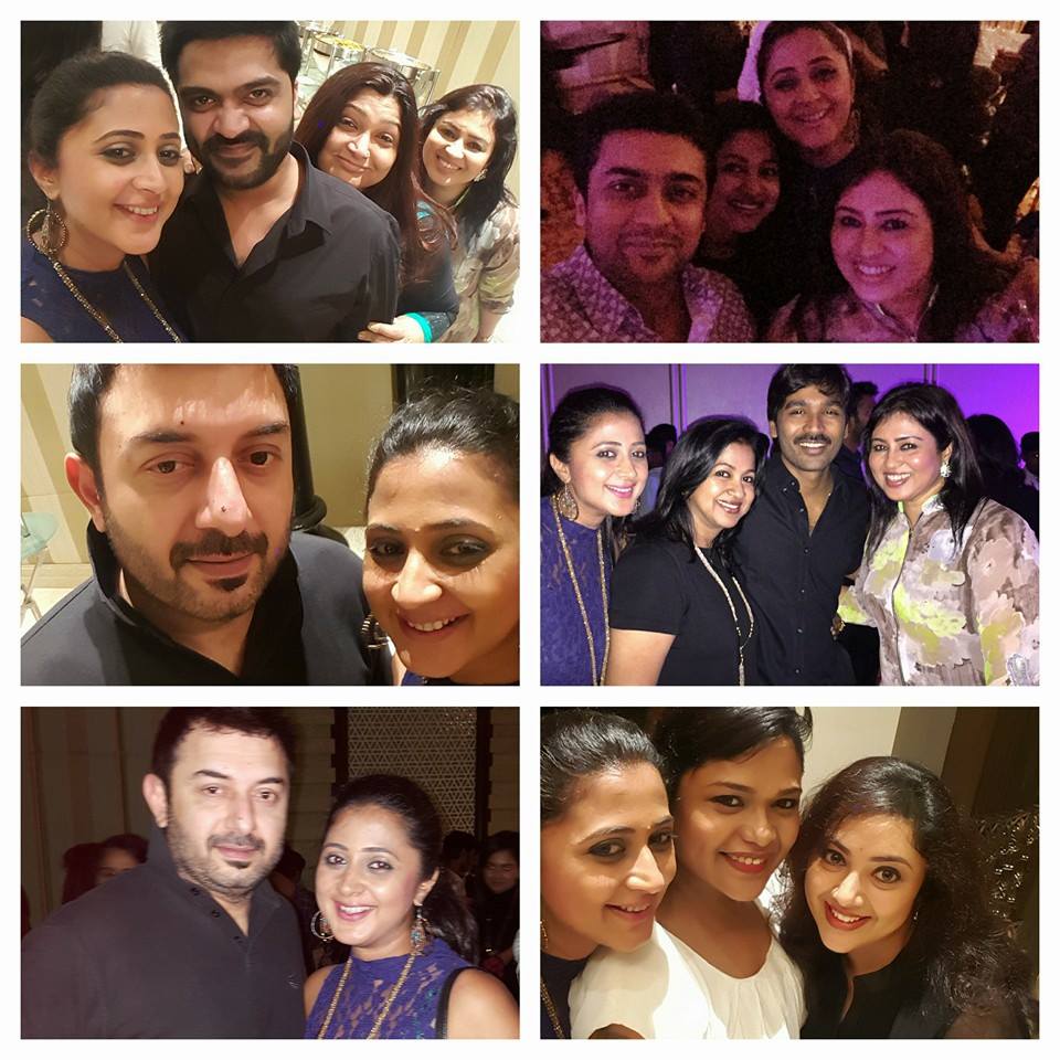 Kaniha is seen with actors Simbu, Arvind Swamy, Radhikaa Sarathkumar, Dhanush, Meena and Suriya Sivakumar. Kaniha,tamil actors party,kaniha with suriya,kaniha with arvind swamy