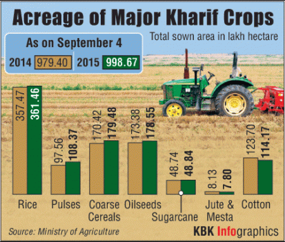 Despite lower than normal monsoon rainfall, the sowing of major kharif crops has increased marginally in India this year. According to the data released by Ministry of Agriculture, the overall sowing increased to 998.67 lakh hectare in 2015 compared to 979.40 lakh hectare area in 2014, a jump of nearly 2%. Sowing of rice, which forms the biggest portion of kharif crops, increased by little more than 1%, while that of pulses rose by over 11%.