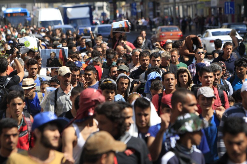 Migrants march along the highway towards the border with Austria, out of Budapest, Hungary. Hundreds of migrants,Budapest,Austria,The long march to Austria,Migrants,refugees